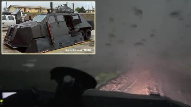 Mit einem Spezialgefährt wagen sich Brandon Ivey und Sean Casey mitten in den Wirbelsturm hinein Mit einem Spezialgefährt wagen sich Brandon Ivey und Sean Casey mitten in den Wirbelsturm hinein