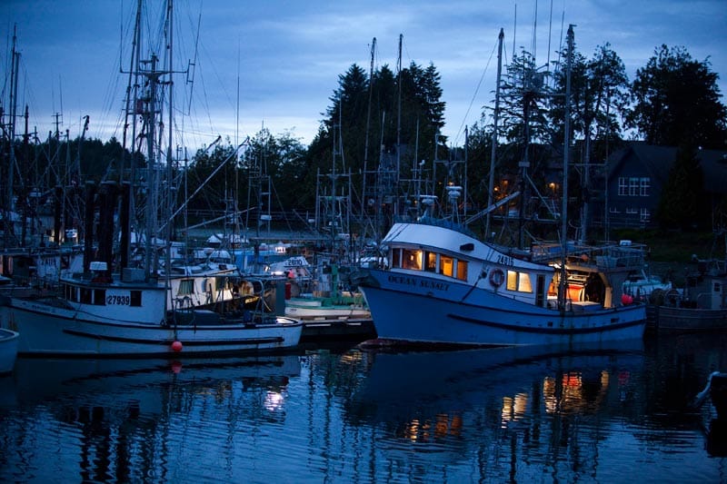 Nach Sonnenuntergang liegt die Ocean Sunset im Hafen von in Ucluelet, einem Ort an der Westküste von Vancouver Island in der kanadischen Provinz British Columbia.