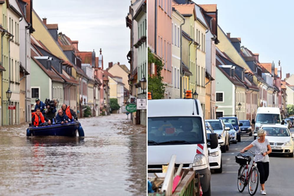 Eine Bootsfahrt in Grimma: Helfer vom THW sind während des Hochwassers am 4. Juni in der Innenstadt unterwegs. Am 12. Juni beherrschen wieder Autos und Fahrräder das Bild