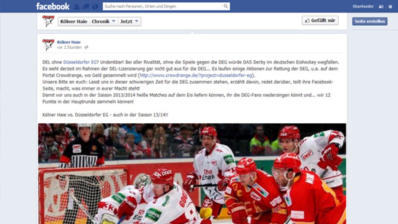 Mit einem Facebook-Posting rufen die Kölner Haie zur Hilfe der DEG auf.