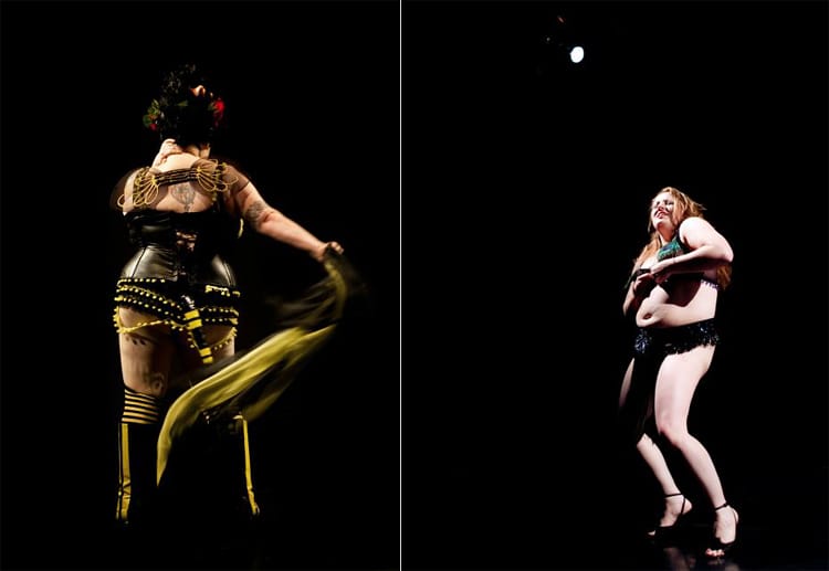 Auf dem linken Bild tanzt Jukie Sunshine den "Bumble Bee Blues" (dt.: Bienen Blues). Das Bild rechts zeigt Lady Monster während ihres Auftritts "She's so heavy".