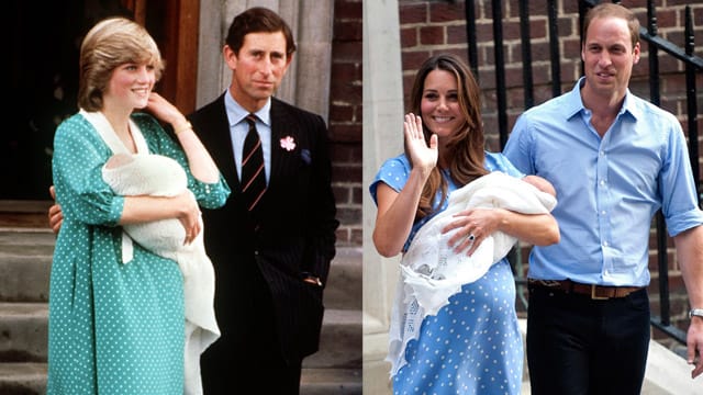 Links: Prinzessin Diana mit Prinz William auf dem Arm und Ehemann Prinz Charles an ihrer Seite. Rechts: Herzogin Kate mit ihrem Sohn neben Prinz William. Links: Prinzessin Diana mit Prinz William auf dem Arm und Ehemann Prinz Charles an ihrer Seite. Rechts: Herzogin Kate mit ihrem Sohn neben Prinz William.