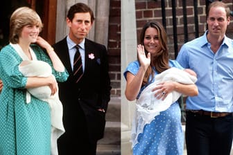 Links: Prinzessin Diana mit Prinz William auf dem Arm und Ehemann Prinz Charles an ihrer Seite. Rechts: Herzogin Kate mit ihrem Sohn neben Prinz William.