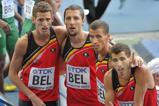 Schnelle Brüder in der belgischen Sprintstaffel: Dylan Borlee (li.), Kevin Borlee (2. v. re.) und Jonathan Borlee (re.).