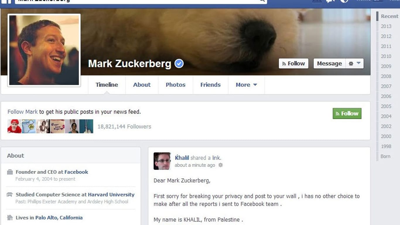 Facebook-Eintrag auf der Pinnwand von Mark Zuckerberg