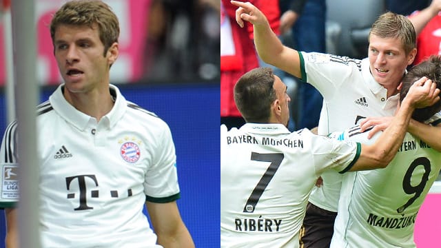 Thomas Müller (li.) ist in der ersten Hälfte kurz vorm Verzweifeln, Kroos und Co. sorgen dann in der zweiten Hälfte für den Sieg. Thomas Müller (li.) ist in der ersten Hälfte kurz vorm Verzweifeln, Kroos und Co. sorgen dann in der zweiten Hälfte für den Sieg.