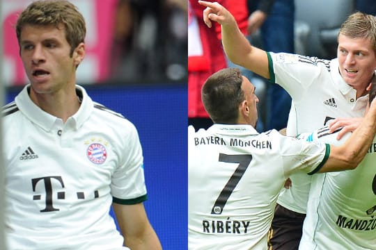 Thomas Müller (li.) ist in der ersten Hälfte kurz vorm Verzweifeln, Kroos und Co. sorgen dann in der zweiten Hälfte für den Sieg.