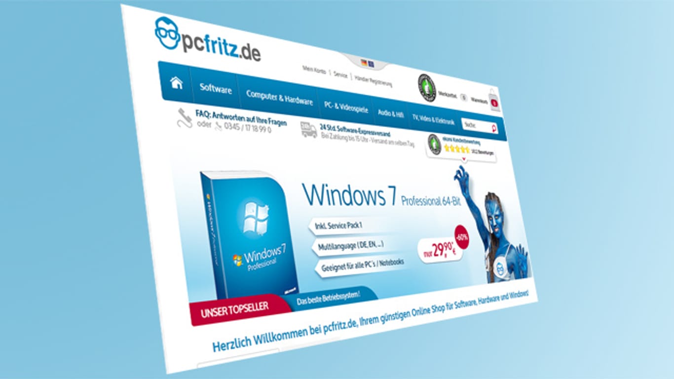 PCFritz-Seite mit Sonderangebot für Windows 7 Professional