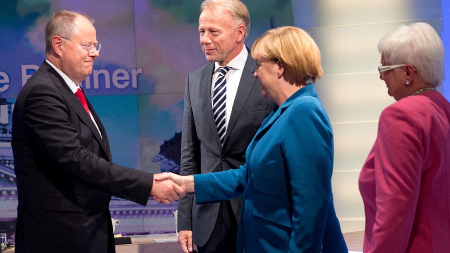 Peer Steinbrück, Jürgen Trittin, Angela Merkel bei der "Berliner Runde" nach der Bundestagswahl