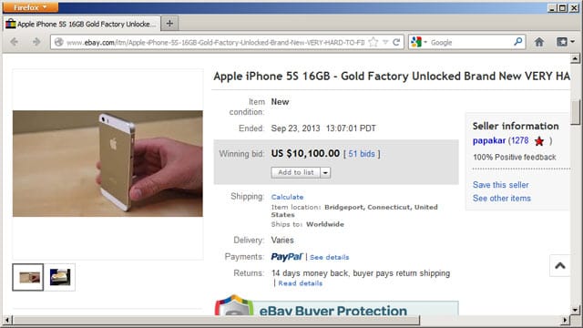 Auf eBay brachte ein goldfarbenes iPhone 5s dem Verkäufer nun 10.100 Dollar ein.