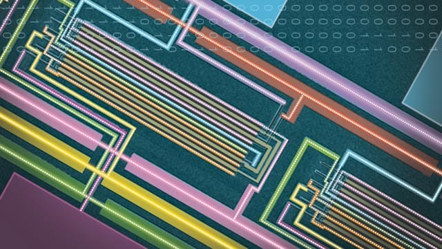 Unter dem Elektronenmikroskop sind die Leiterbahnen des Kohlenstoff-Prozessors zu erkennen.