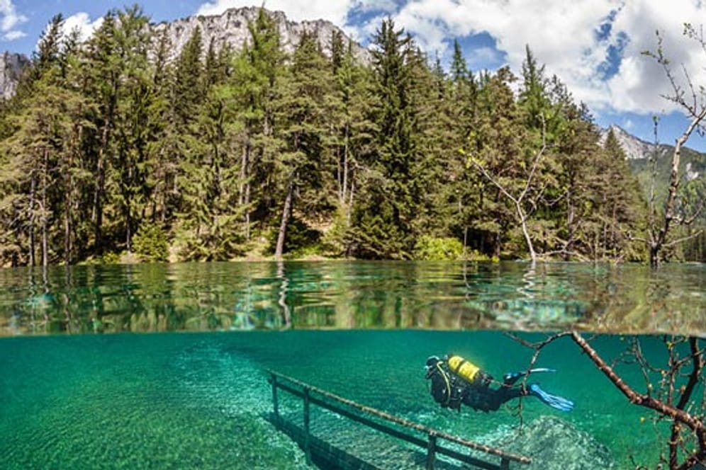 Ein Taucher erkundet die ungewöhnliche Unterwasserwelt im österreichischen Tragössertal.
