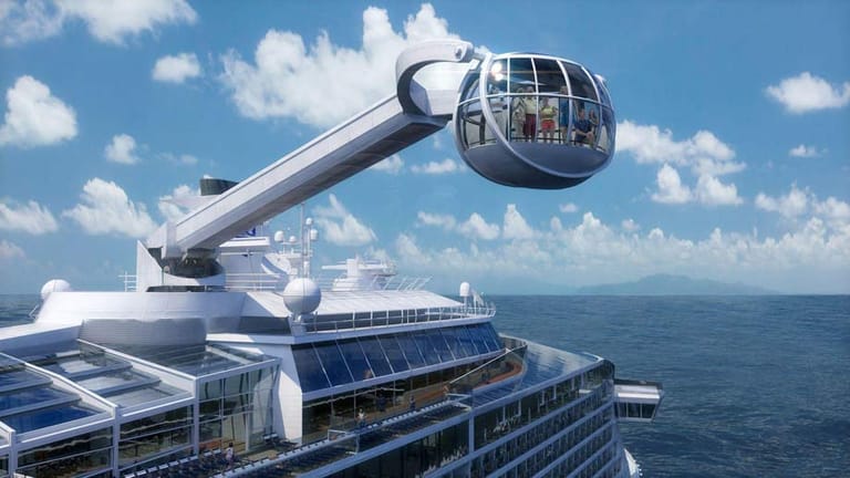 Der "North Star" der "Quantum of the Seas": So nennt sich der Kranarm oben auf dem Schiff, der eine Glasgondel für zehn Personen bis zu 90 Meter über den Meeresspiegel hebt.