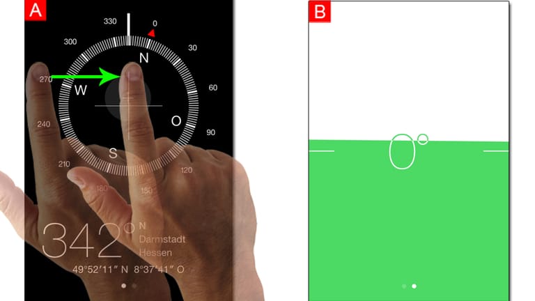 Der überarbeitete Kompass von iOS 7 bietet sogar eine Wasserwaage, die sich mit einem Fingerwisch von Links nach Rechts öffnen lässt.