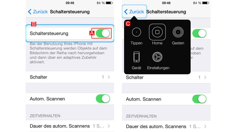 Mit Hilfe der Schaltersteuerung können auch Menschen mit Handicap ein iOS-Gerät bedienen.