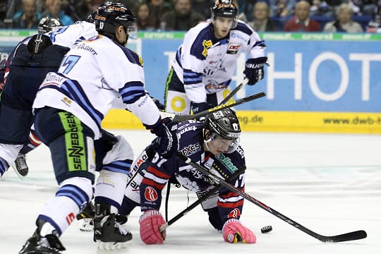 Meister Eisbären am Boden, hier Daniel Weiß im Spiel gegen Straubing.