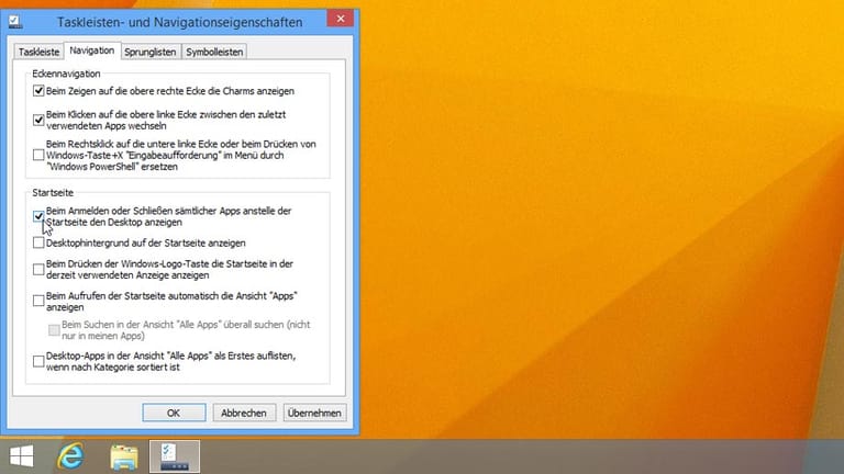 Taskleisten- und Navigationseigenschaften von Windows 8.1