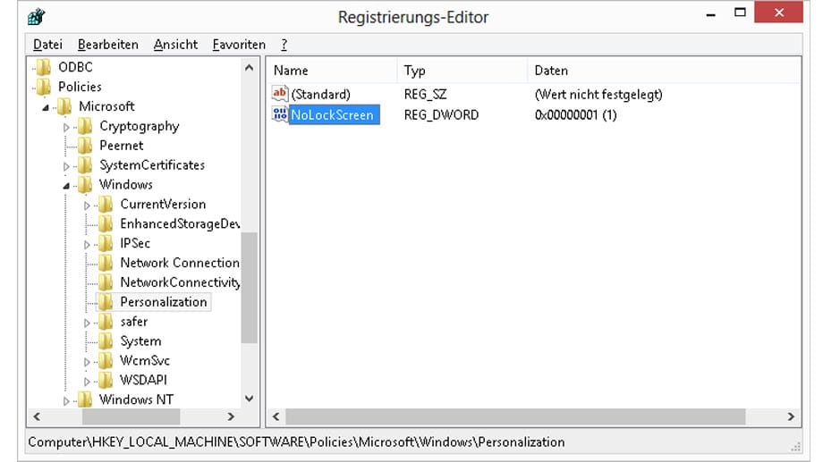 Registrierungs-Editor von Windows 8.1 mit DWORD-Wert NoLockScreen