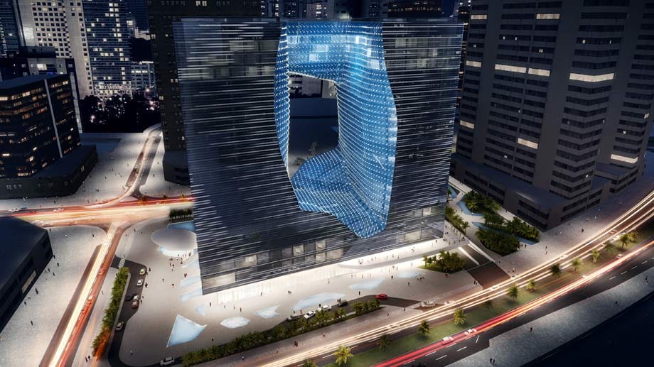 Aufgeschnittener Quader: In Dubai wird es bald ein weiteres Fünf-Sterne-Hotel geben, das die Blicke der Touristen auf sich ziehen wird. 95 Meter hoch ist der von Starachitektin Zaha Hadid geplante Bau.