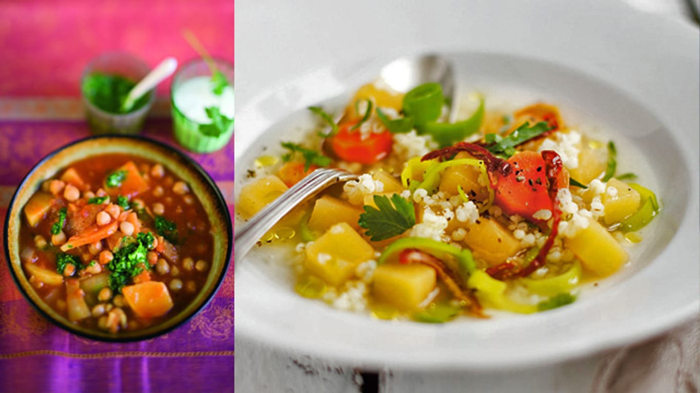 Suppen: In der Suppe kann so allerhand an Gemüse und Fleisch kombiniert werden, zum Beispiel Huhn mit Garnelen.