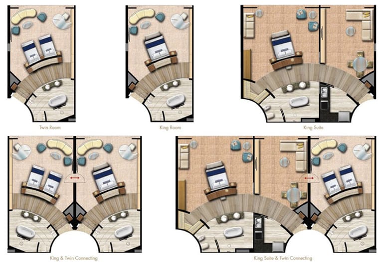 Die Suiten sollen zwischen 60 und 150 Quadratmetern groß sein. Im Konzept Benoys können bestimmte Suiten zusammen gebucht werden und sind dann durch Türen verbunden.