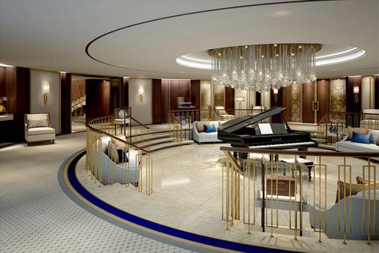 Der Entwurf von Ong & Ong aus Singapur möchte die Eleganz der "Queen Elizabeth 2" betonen. Die neugestaltete Lobby soll Gäste mit Musik empfangen und mit Erinnerungsstücken gleichzeitig als lebendes Museum dienen.