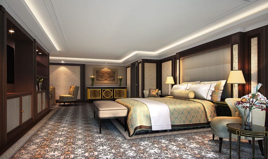 Der Linie des traditionellen Designs bleibt Wilson Associates auch bei der Gestaltung der Suiten treu.