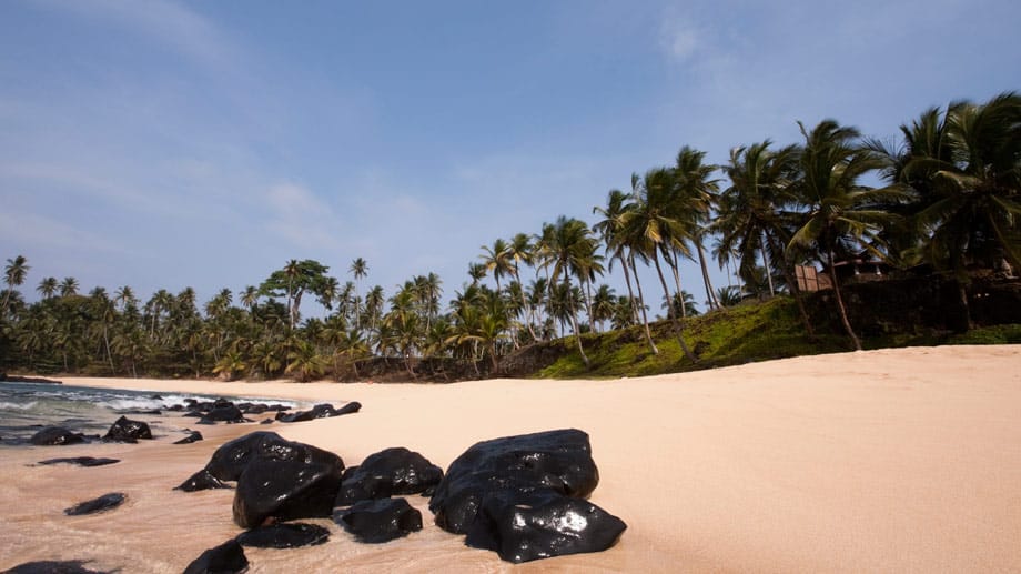São Tomé bietet Urlaubern sanfte Palmenstrände und Schnorchel-Felsen mit bunten Muscheln und Zebrafischen.