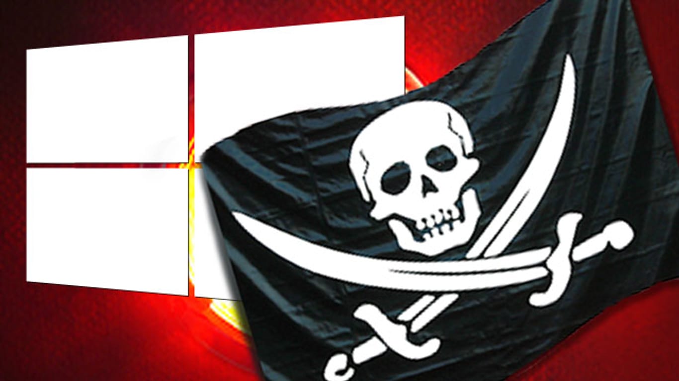 Windows 8.1-Logo und schwarze Piratenflagge mit gekreuzten Säbeln und Totenkopf