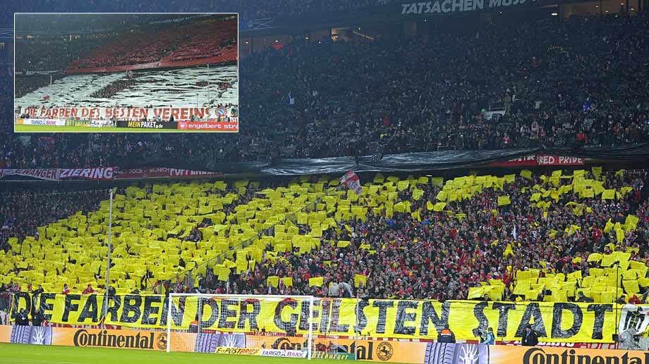 Die Bayern-Fans präsentierten beim Pokalspiel gegen den BVB erst die schwarzgelben Farben Münchens, danach das Rot und Weiß des FC Bayern. Die Bayern-Fans präsentierten beim Pokalspiel gegen den BVB erst die schwarzgelben Farben Münchens, danach das Rot und Weiß des FC Bayern.