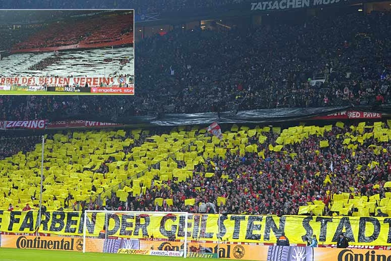Die Bayern-Fans präsentierten beim Pokalspiel gegen den BVB erst die schwarzgelben Farben Münchens, danach das Rot und Weiß des FC Bayern.