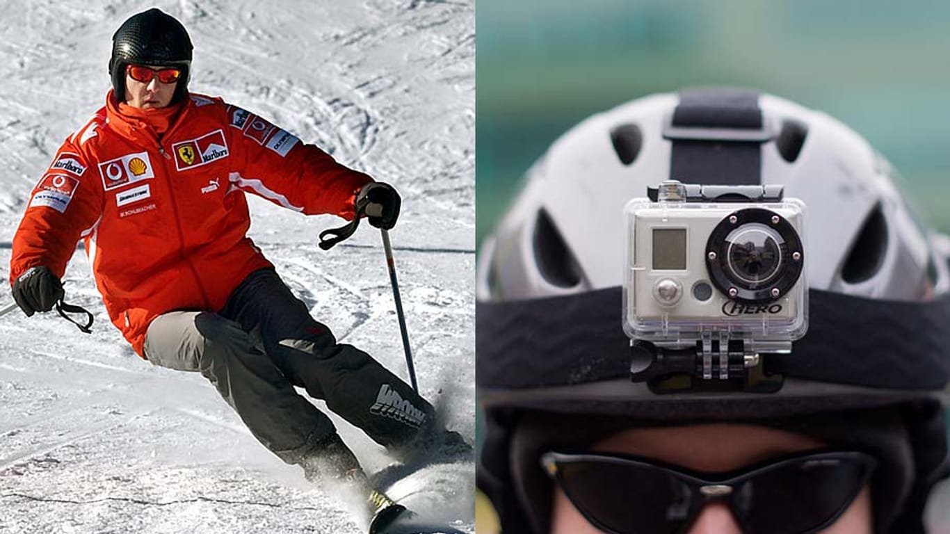Die Aufnahmen von Michael Schumachers Helmkamera (im Bild ein ähnliches Modell) könnten helfen, den genauen Unfallhergang zu klären. (Montage: t-online.de)