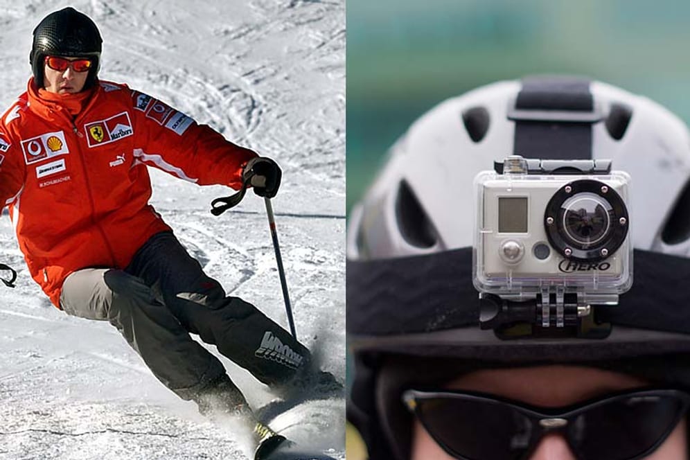 Die Aufnahmen von Michael Schumachers Helmkamera (im Bild ein ähnliches Modell) könnten helfen, den genauen Unfallhergang zu klären. (Montage: t-online.de)