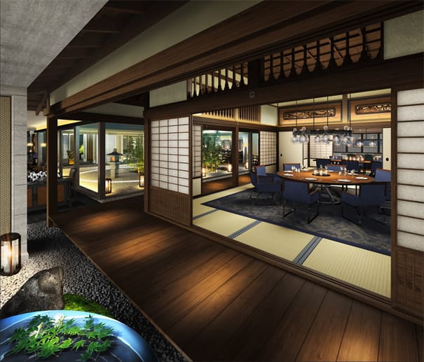 Am Ufer des Kamogawa Flusses gelegen und somit ein idealer Ausgangspunkt für Besichtigungen der UNESCO-Welterbestätten in Kyoto, bietet das Hotel zudem einen 2000 Quadratmeter großen Spa-Bereich an einem Wasserfall und exquisite Gastronomie-Angebote wie beispielsweise ein Sushi-Restaurant.