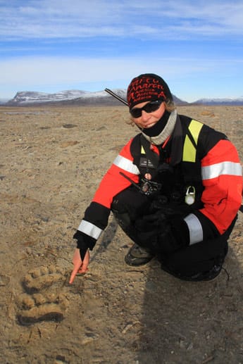 Expeditionsleiterin Anja Erdmann hat frische Eisbärenspuren entdeckt und nimmt zum Schutz der Teilnehmer ein Gewehr mit an Land.