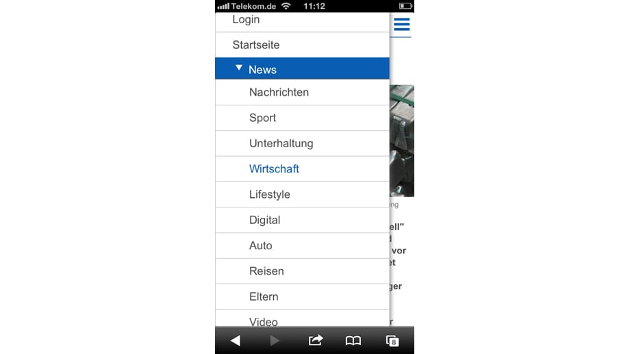Screenshot t-online.de Navigation auf dem Smartphone