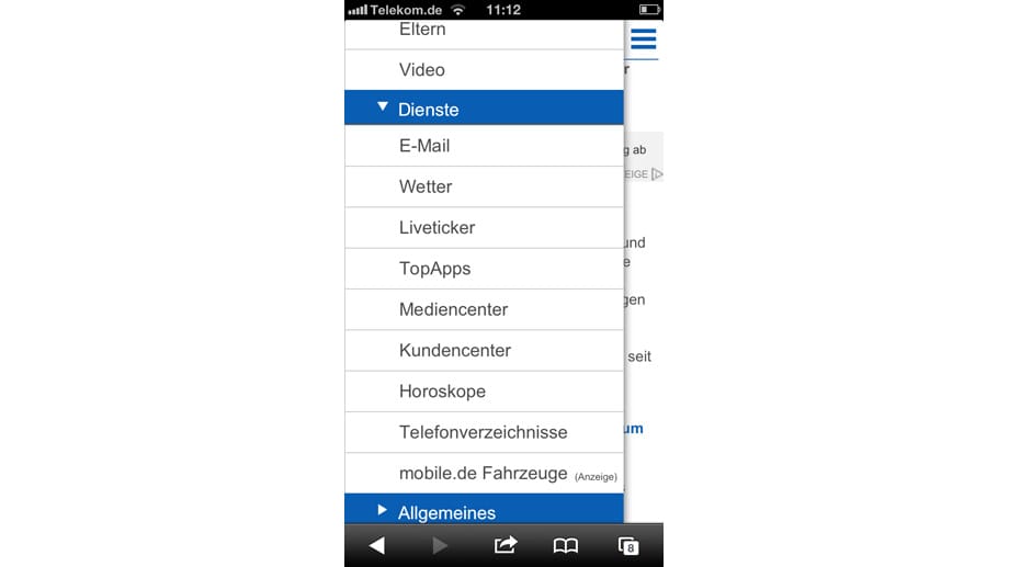 Screenshot t-online.de Telekom-Dienste auf dem Smartphone