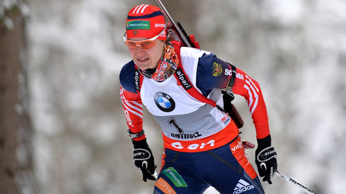 Irina Starych beim Biathlon-Weltcup am 16. Januar 2014 in Antholz.