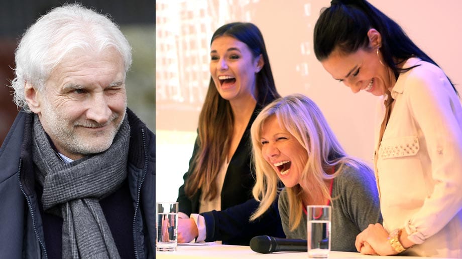 Über die Kritik von Rudi Völler (links) können die Sportjournalistinnen Laura Wontorra, Ulrike von der Groeben und Esther Sedlaczek (von links) lachen.