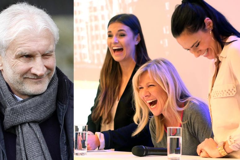 Über die Kritik von Rudi Völler (links) können die Sportjournalistinnen Laura Wontorra, Ulrike von der Groeben und Esther Sedlaczek (von links) lachen.