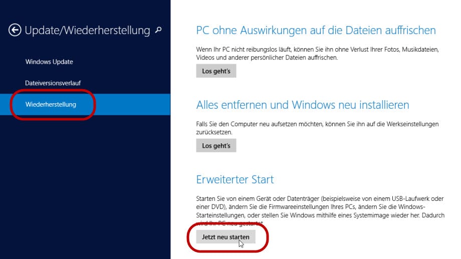 Systemwiederherstellung in Windows 8