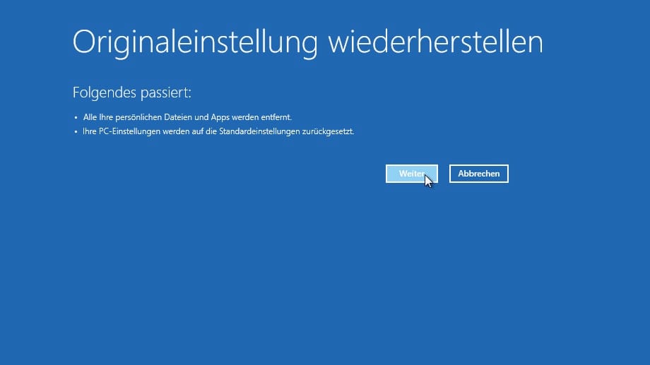 Windows 8 auf die Originaleinstellung zurücksetzen