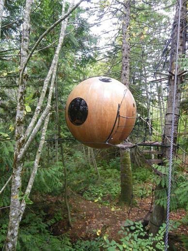 Inmitten der Wälder von British Columbia finden sich zwischen den Bäumen hängend diese merkwürdigen Kugeln mit Bullaugen - die "Free Spirit Spheres".