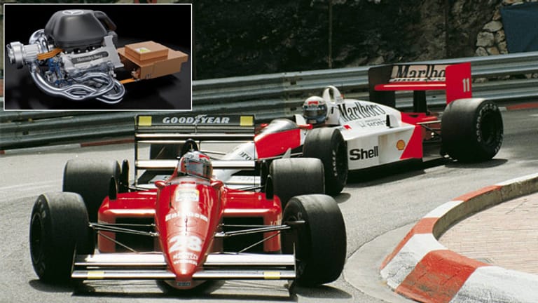 Der 2014er Turbomotor von Mercedes (oben) und die legendäre Turbogeneration 1988: Gerhard Berger im Ferrari (vorne) und Alain Prost im McLaren.