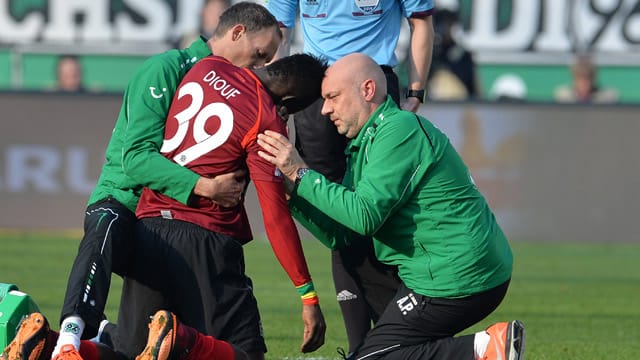 Hannovers Torjäger Mame Diouf wird beim Bundesliga-Spiel gegen Bayer Leverkusen auf dem Platz behandelt. Hannovers Torjäger Mame Diouf wird beim Bundesliga-Spiel gegen Bayer Leverkusen auf dem Platz behandelt.