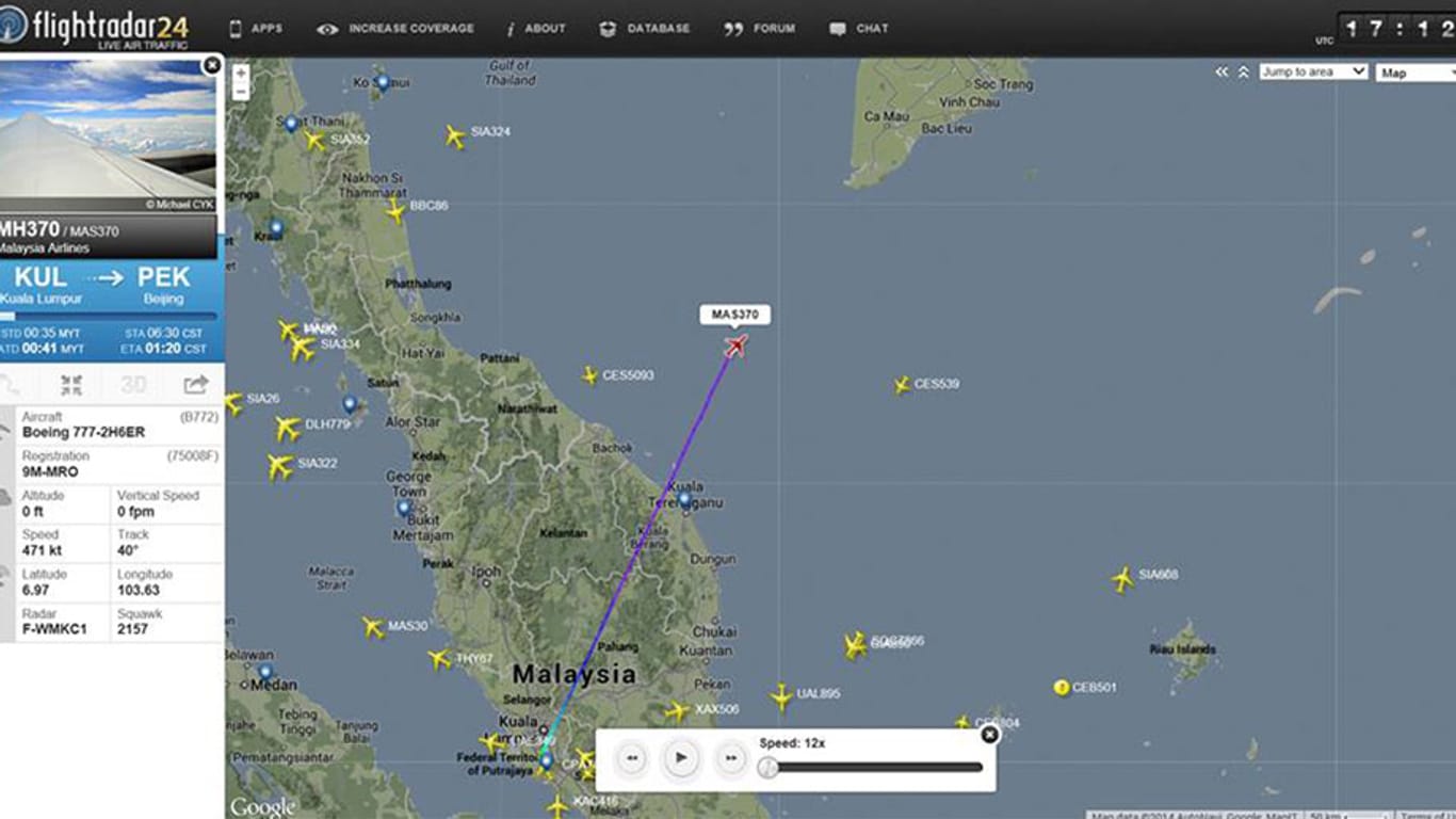 Flugzeugabsturz: Der Screenshot von flightradar24.com zeigt die letzte bekannte Position des Malaysian-Airlines-Fluges MH370 auf dem Weg von Kuala Lumpur nach Peking.