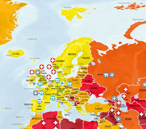 Die Healthmap 2014 schätzt Länder nach Gesundheitsrisiken ein. Die Skala reicht von niedrigem (gelb) bis extrem hohes Risiko (dunkelrot).