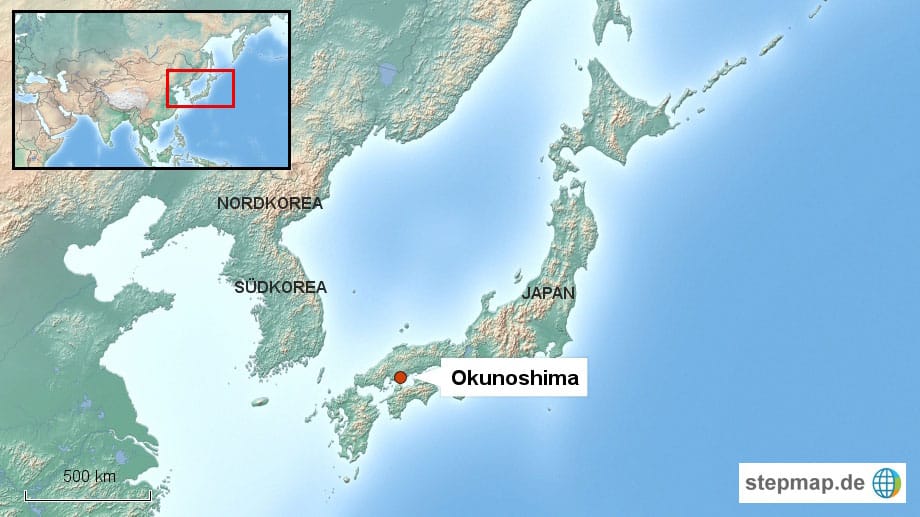 Hier liegt das Mini-Eiland Okunoshima, das von den Städten Tadanoumi and Omishima aus mit der Fähre erreichbar ist.