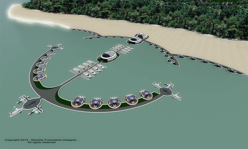 Das gesamte Projekt besteht aus zehn schwimmenden Inseln, festen Hauptgebäuden, Strandvillen und Liegeplätzen für Yachten und Wasserflugzeuge.