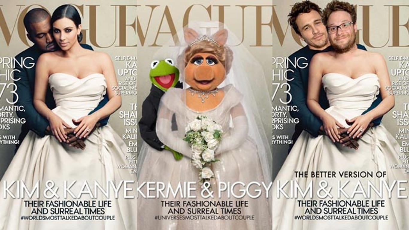 Kim Kardashian und Kanye West auf dem "Vogue"-Cover (li.), parodiert von den Muppets (mi.) und James Franco mit Seth Rogen (re.)